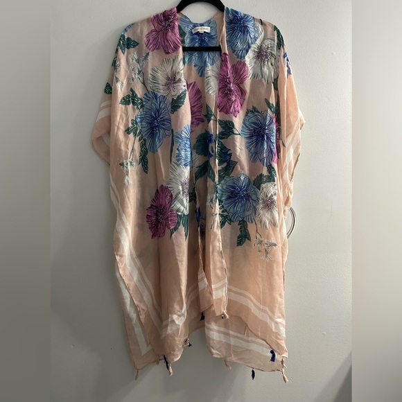 Woven Heart Womens Peach Floral Kimono Swimsuit Cover Up - Picture 2 of 8